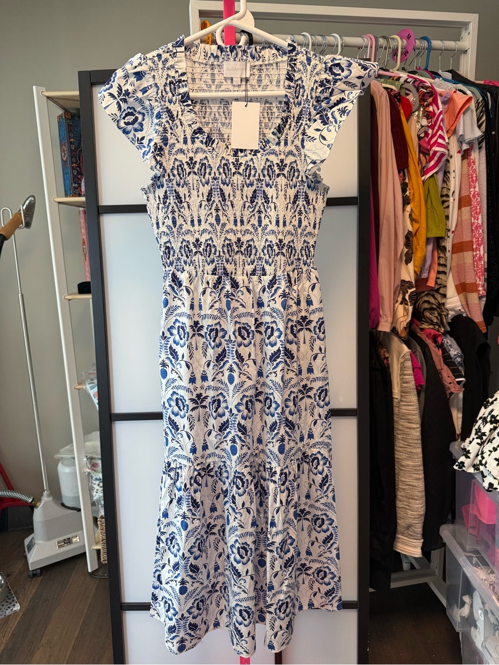 Sugar Lips Marisol Floral Giza Glare Smock Tiered Midi Dress Blue White NWT S - Picture 5 of 10
